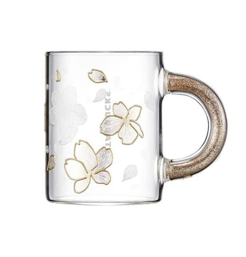 Starbucks Gold Glitter Cup 2022 Cherry Blossom Handle Glass 355ml