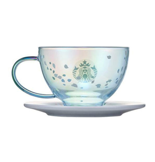 Starbucks Blue Glass Cup Cherry Blossom 2022 Ceramic Saucer 237ml